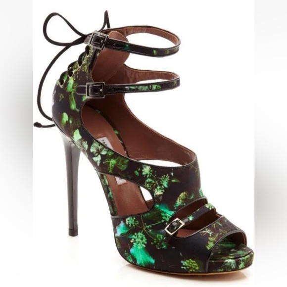 Tabitha Simmons Shoes - Tabitha Simmons Bailey Floral Printed Satin Sandals Green Ivy Print Black Box